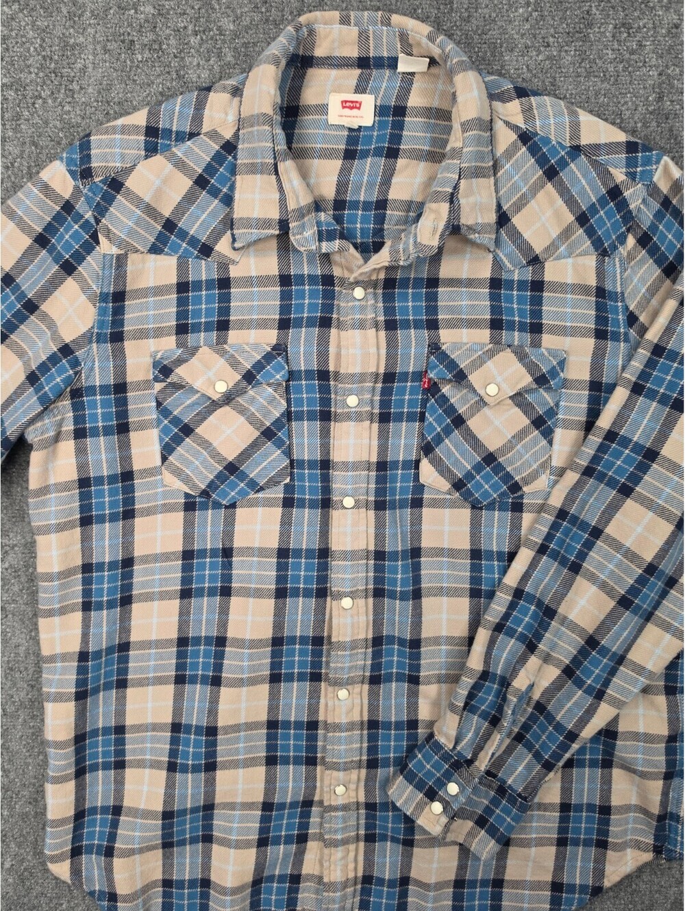 Levi's Western Shirt Mens XXL Blue Tan Plaid Pearl Snap Flannel Long Sleeve
